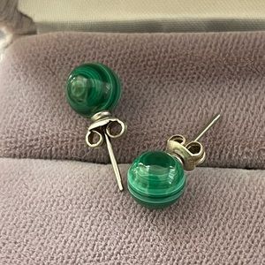 Natural malachite silver tone metal stud earrings
